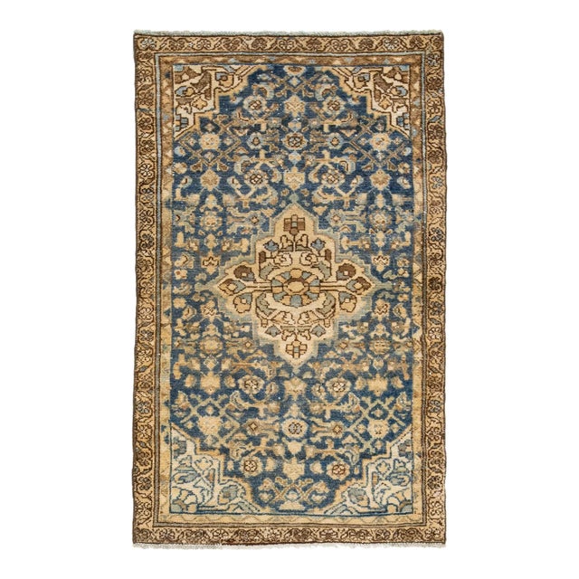 Medallion Antique Persian Hamadan Wool Rug in Blue For Sale