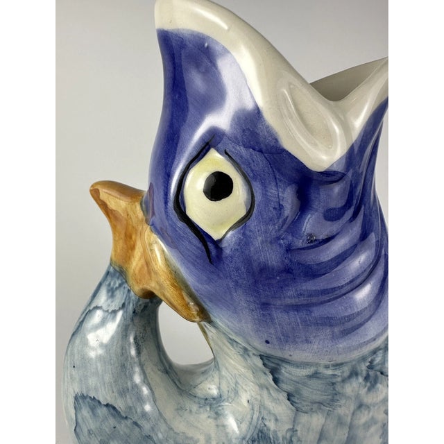 Vintage MCM Blues Ceramic Handpainted Fish Pitcher Vase For Sale - Image 4 of 7