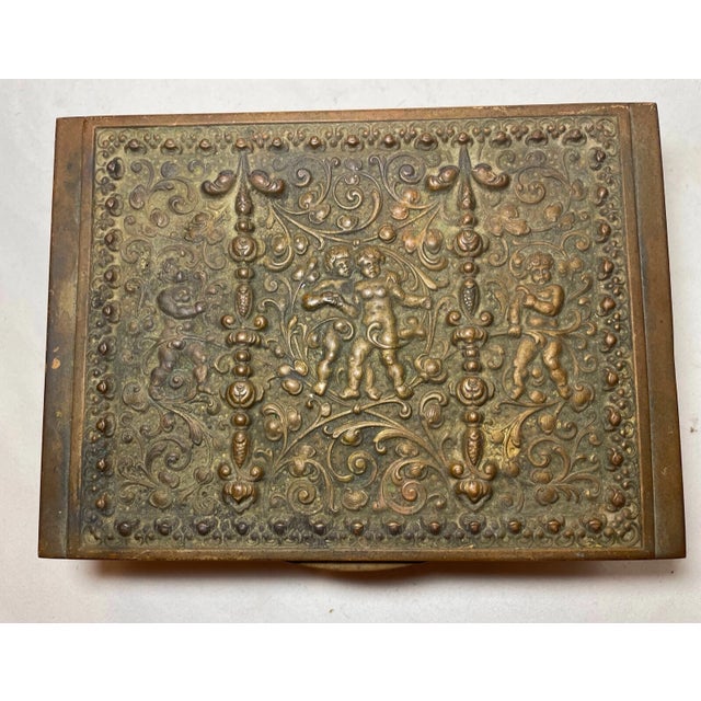 Victorian Antique Ornate Victorian Style Figural Cherub Putti Brass Wood Lined Relief Box For Sale - Image 3 of 11