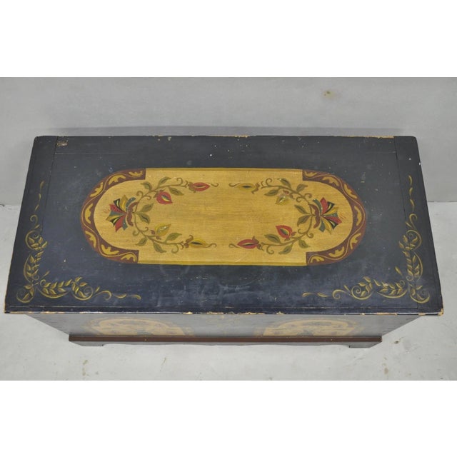 Antique Pennsylvania Dutch Colonial Blue Hand Painted Blanket Chest Trunk For Sale - Image 4 of 18