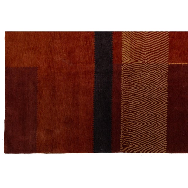 Modern Tibetan Hand-Knotted Wool & Silk Rug With Patchwork Design in Red Tones For Sale In New York - Image 6 of 10