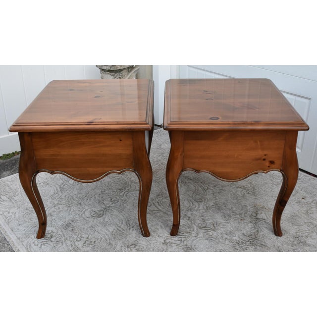 Vintage (1980's) Pair of Side/End Tables have a Country French Style. Made by Ethan Allen. The Wood is Pine. One Drawer....