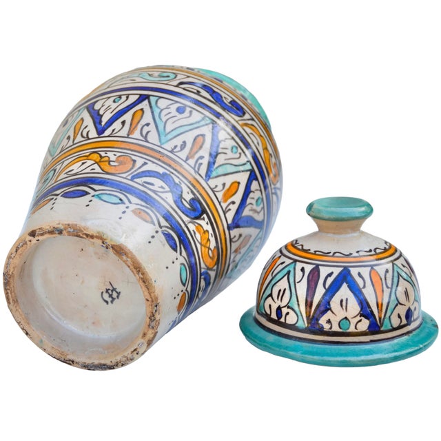 Early 20th Century Handmade Colorful Moroccan Ceramic-Art Lidded Vase For Sale - Image 12 of 12