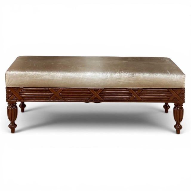 French Antique French Louis XVI Style Mahogany Upholstered Bench For Sale - Image 3 of 15