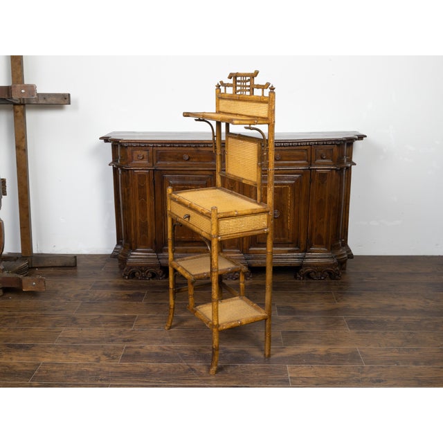 English 1900s Bamboo Freestanding Shelf with Rattan Accents and Single Drawer For Sale In Atlanta - Image 6 of 9