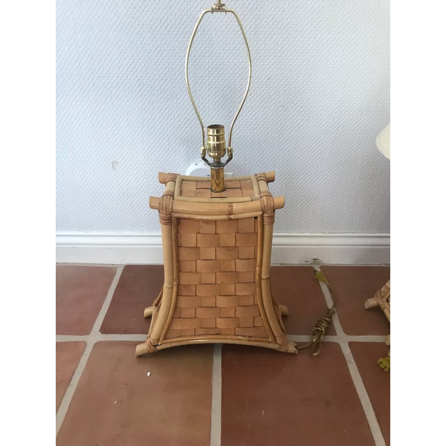 1970s Bamboo and Leather Strap Lamps - a Pair For Sale - Image 4 of 7