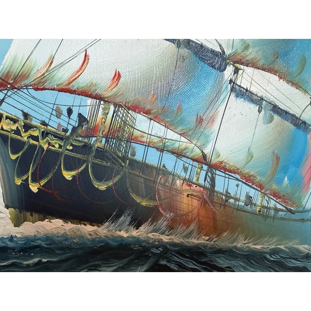 Blue Original Oil Painting Sailing Ship Seascape Maritime Art Ocean Waves Nautical For Sale - Image 8 of 10
