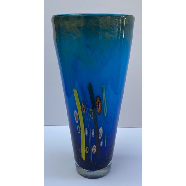 Murano Art Glass Blue Vase With Multicolor Millefiori Murines Latticino
