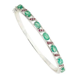 Vintage 925 Sterling Silver Emerald & Ruby Gemstone Bangle Bracelet For Sale