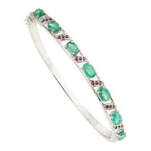 Vintage 925 Sterling Silver Emerald & Ruby Gemstone Bangle Bracelet