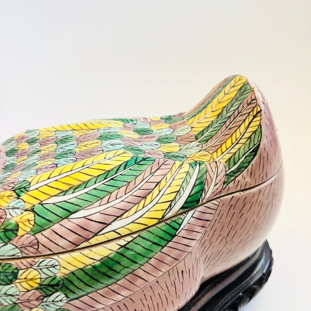 Chinese Porcelain Duck Tureen on Carved Wood Stand For Sale In San Francisco - Image 6 of 10