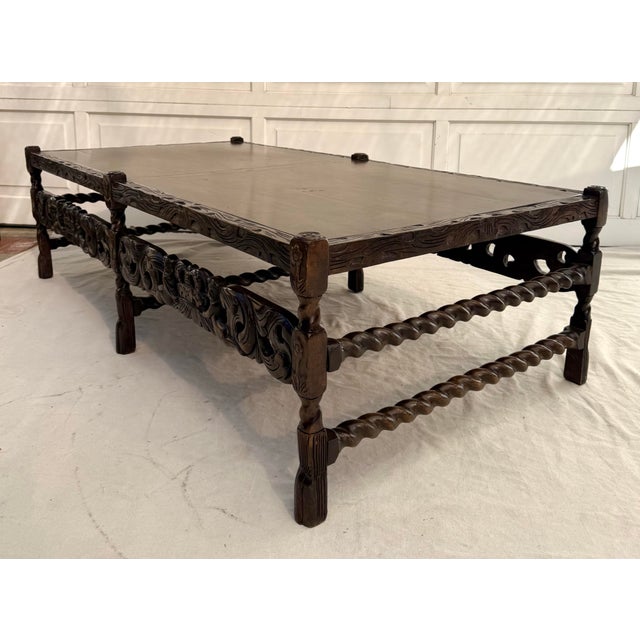 English Carolean Revival Style Carved Wood Coffee Table With Cherubs & Crown Motif For Sale - Image 9 of 15