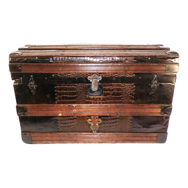 Antique Alligator Skin Design Metal, & Oak Slats Camelback Domed, Wheeled Steamer Trunk For Sale