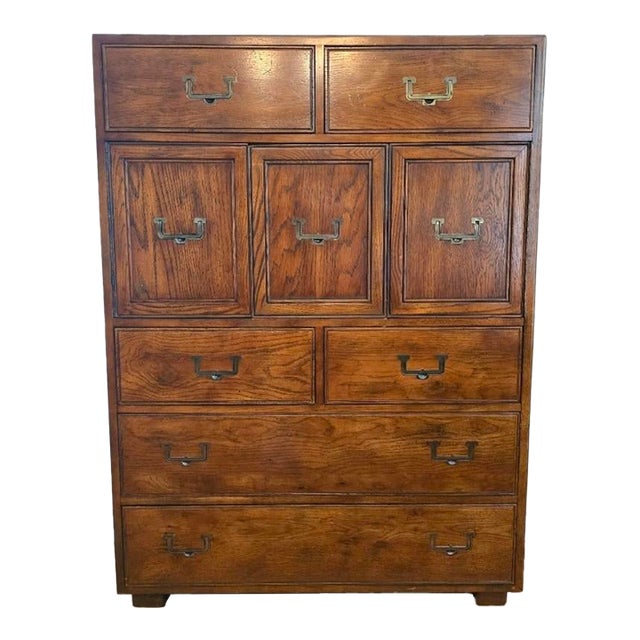 Henredon Mid-Century Modern Campaign Style Highboy Dresser Chest Double Door For Sale