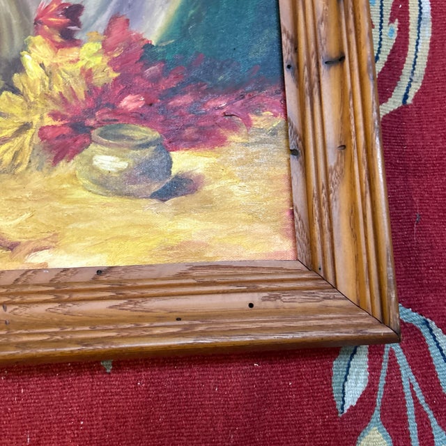 Rustic 1970’s Original Still Life With Pitcher and Flowers on Canvas For Sale - Image 3 of 5