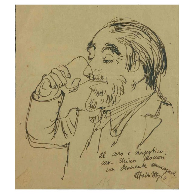 Alfredo Mezio, Portrait of Mino Maccar, Original Drawing, Mid-20th-Century For Sale