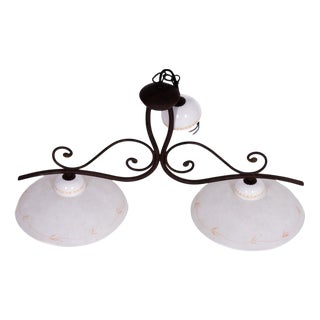 Vintage Wrought Iron Chandelier with Double Lampshade For Sale