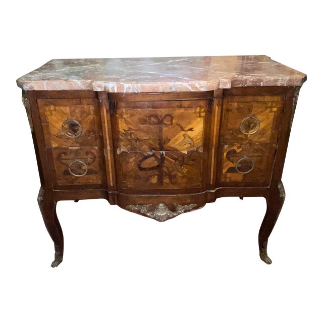 Antique French Louis XV - XVI Style Marble Top and Marquetry Inlaid Commode For Sale