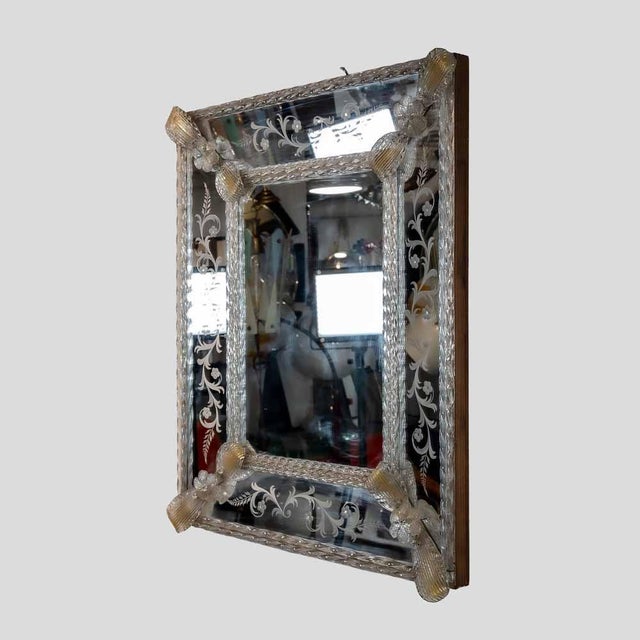 A Vintage Murano glass mirror with gold inclusion glass decoration, etching decor on border mirror glass, twited glass...