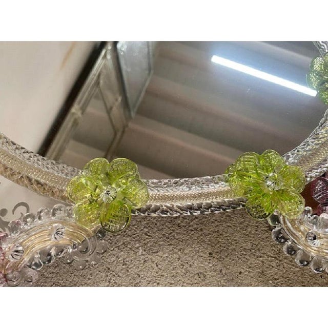 Venetian Oval Green and Pink Floral Hand-Carved Mirror by Simoeng, 2000s For Sale - Image 9 of 10