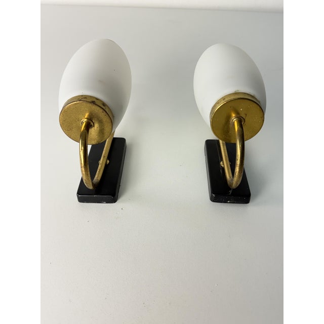 Vintage Opal Glass and Brass Wall Lamps, 1950s, Set of 2 For Sale - Image 6 of 12