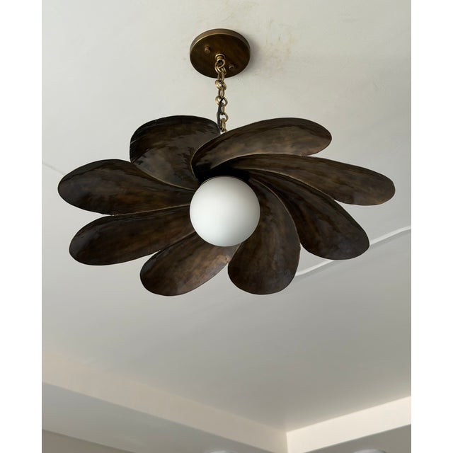 Not Yet Made - Made To Order Handmade Black Antique Brass Finish Pendant Light, Floral Metal Ceiling Light, Milk Glass Globe, Vintage Home Decor For Sale - Image 5 of 13