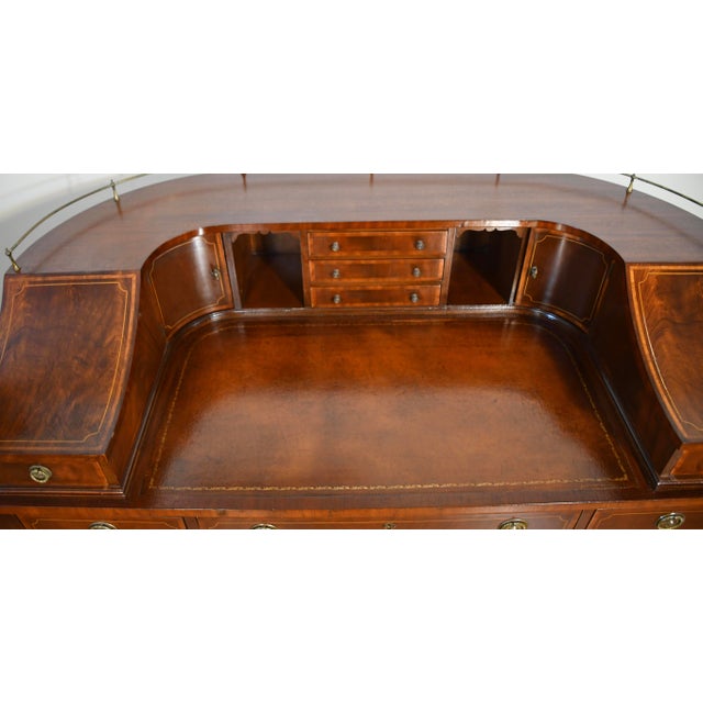1930s English Regency Mahogany Inlaid & Leather Top Carlton Writing Desk For Sale - Image 10 of 17