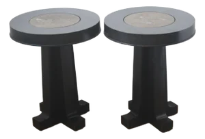 Henredon Acquisitions Contemporary Granite Wood Circular Pedestal Side Tables-a Pair
