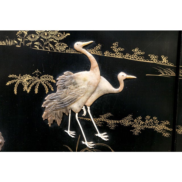 Chinese Black Lacquer Cabinet With Carved Hardstone and Mother-of-Pearl Inlay, Circa 1930 For Sale - Image 11 of 12