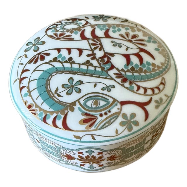 Tiffany & Co. Porcelain Snake Trinket Box, Teal, Red & Gold For Sale
