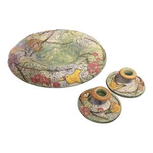 Antique Weller Ware Pottery Big Bowl With Candleholder Set Glendale Bird With Nest & Eggs - 3 Pieces