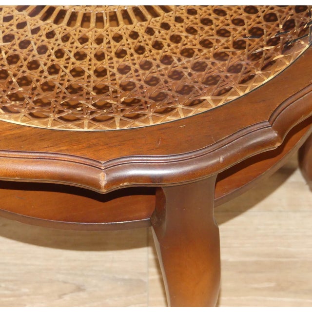 Wood Chippendale Round Side Table with Shelf Wicker and Glass by Ilse Möbel, 1960s For Sale - Image 7 of 15