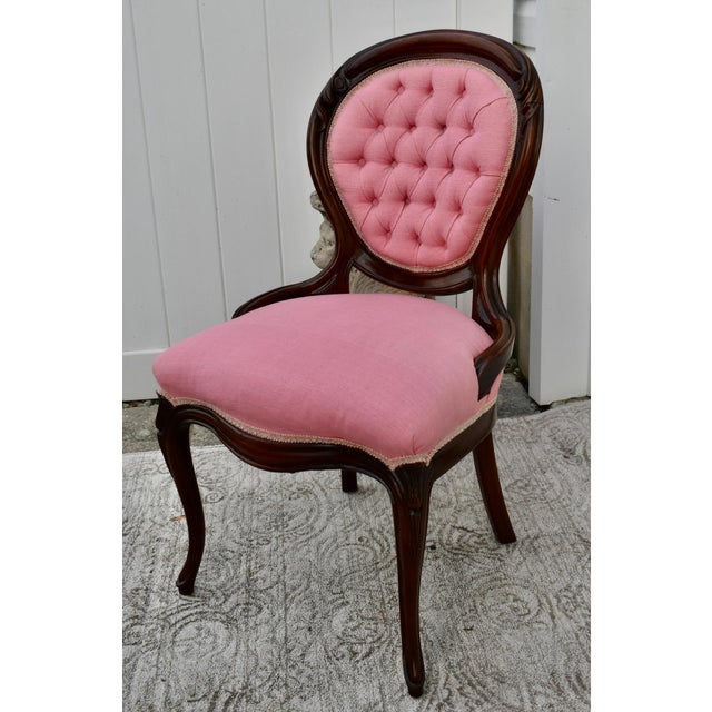 Late 19th Century Antique Walnut Parlor Chair Victorian Style Tufted Pink Bedroom Accent Vanity For Sale - Image 5 of 13