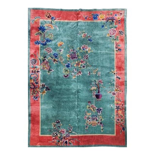 Vintage Chinese Art Deco Hand-Knotted Wool Rug, Floral Design, 1920s, 9' x 12' For Sale