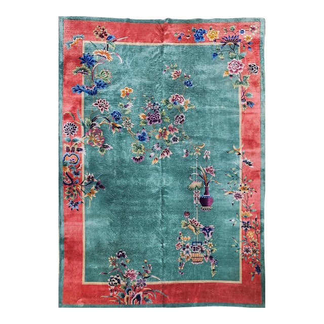Vintage Chinese Art Deco Hand-Knotted Wool Rug, Floral Design, 1920s, 9' x 12' For Sale