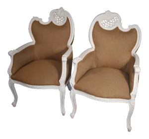 1910s Antique Rococo French Louis XV Fire Side Hand Painted Chairs - a Pair