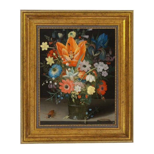 "Still Life with Iris" After Peter Binoit, Contemporary Reproduction Print on Canvas, Framed, 8 x 10 For Sale - Image 4 of 4