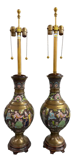 Pair or Mid 20th Century Marbro Chinese Champleve Enamel Lamps