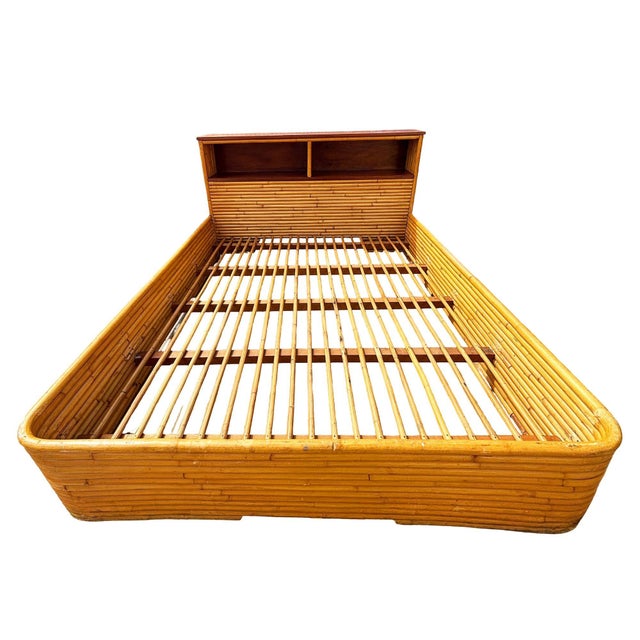 Yellow Restored Mid-Century Queen Size 13-Strand Stacked Rattan Bed Frame W/ Book Shelf For Sale - Image 8 of 9