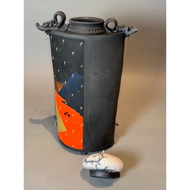Late 20th Century Late 20th Century Signed Hand-Painted Sculptural Ceramic Jar With Lid For Sale - Image 5 of 10
