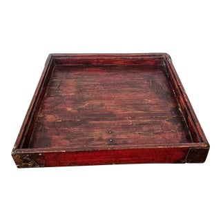 Antique Chinese Red Lacquered Wood Metal Strapped Wood Tray With Distressed Wabi-Sabi Patina For Sale