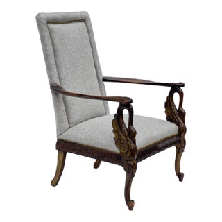 19th-C. Italian Neo-Classical Style Carved Walnut Arm Chair With Swan Form Arms For Sale