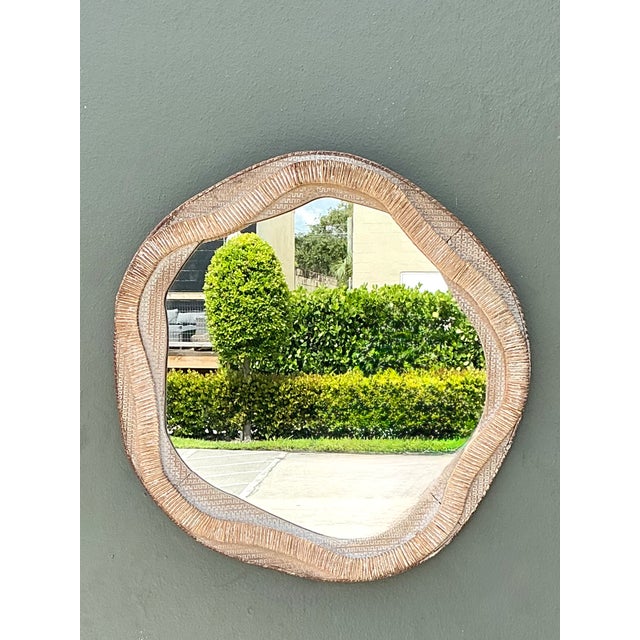 Mid-Century Modern Vintage Textured Woven Rattan Mirror For Sale - Image 3 of 12