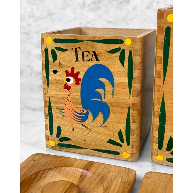 Wood Mid-Century Farmhouse Rooster Chicken Kitchen Canisters - Set of 4 For Sale - Image 7 of 9