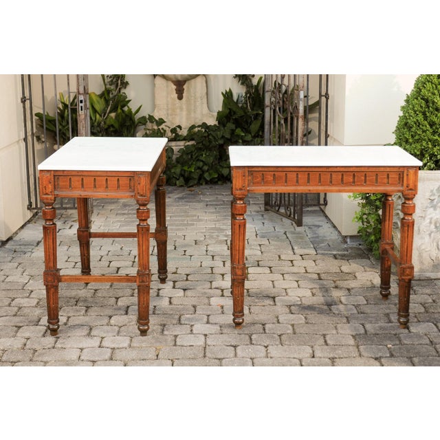 Pair of French 1870s Neoclassical Style Wooden Console Tables with Marble Tops For Sale - Image 4 of 12