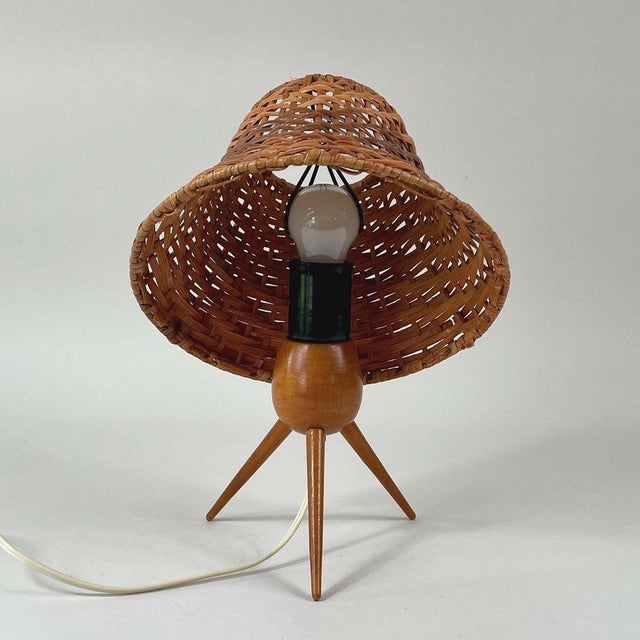 Rattan Wicker and Birch Tripod Table Lamp, Austria, 1950s For Sale - Image 6 of 17