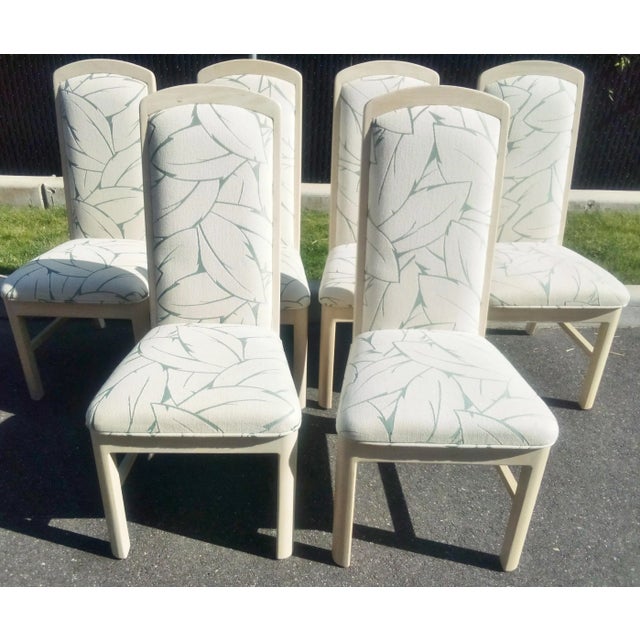 Vintage Parsons Dining Chairs Set of 6 White & Ivory Thick Luxurious Cushions Green Pattern Design Travertine For Sale - Image 9 of 9