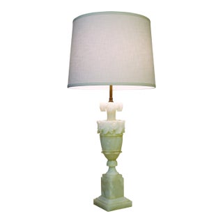 1930s XL Neoclassical Carved Urn Grapes Leaves Alabaster Marble Brass Table Lamp Italy For Sale