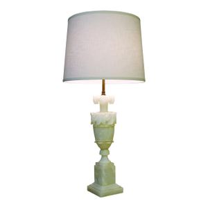 1930s XL Neoclassical Carved Urn Grapes Leaves Alabaster Marble Brass Table Lamp Italy