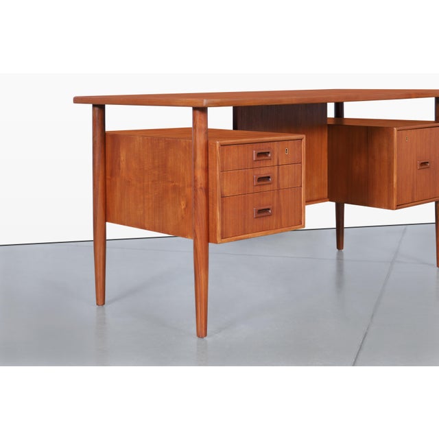 Wood Danish Modern Executive Floating Top Teak Desk by Johannes Sorth For Sale - Image 7 of 14
